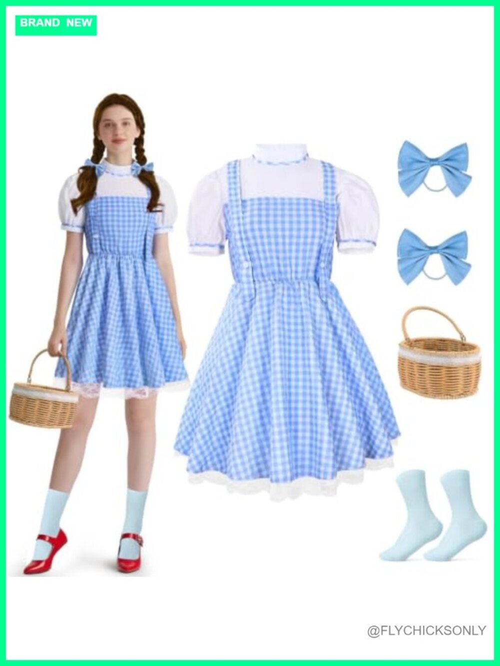 Women's Halloween Costume Storybook Character Blue Plaid Dress Basket Socks